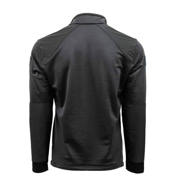 Rear view of a long-sleeve Men’s Half Zip by GORUCK, crafted in dark gray Polartec Grid Fleece with a high collar and textured fabric. It features a subtle striped pattern, black cuffs, and is designed with ToughDry Fabric for optimal performance. This simple yet modern piece defines functionality and style, ideal for individuals seeking durability without compromising elegance.