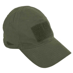 The Performance TAC Hat - TOUGHDRY by GORUCK is a military-style green baseball cap featuring a flat brim and a Velcro patch on the front. Made with sweat-wicking material, it showcases visible stitching and small ventilation holes on top for enhanced comfort and functionality.