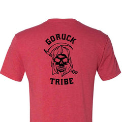 The T-shirt - Life Has Risk - Red features a black skull graphic and "GORUCK Tribe" on the back—ideal for anyone proud to represent the GORUCK Tribe community.