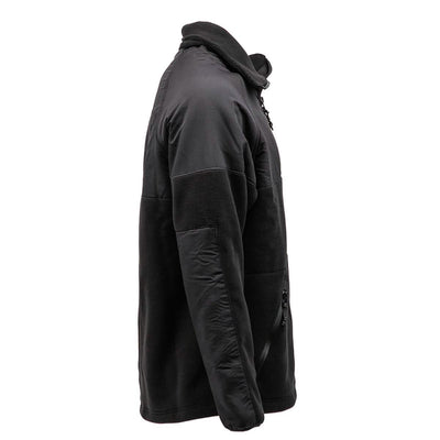 A side view of the Men’s Task Force Dagger Jacket by GORUCK, crafted with black Polartec fleece. This jacket features a high collar, a zippered front pocket, and a combination of smooth and textured fabric panels that evoke the rugged style of the 5th Special Forces Group.