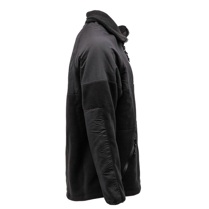 A side view of the Men’s Task Force Dagger Jacket by GORUCK, crafted with black Polartec fleece. This jacket features a high collar, a zippered front pocket, and a combination of smooth and textured fabric panels that evoke the rugged style of the 5th Special Forces Group.