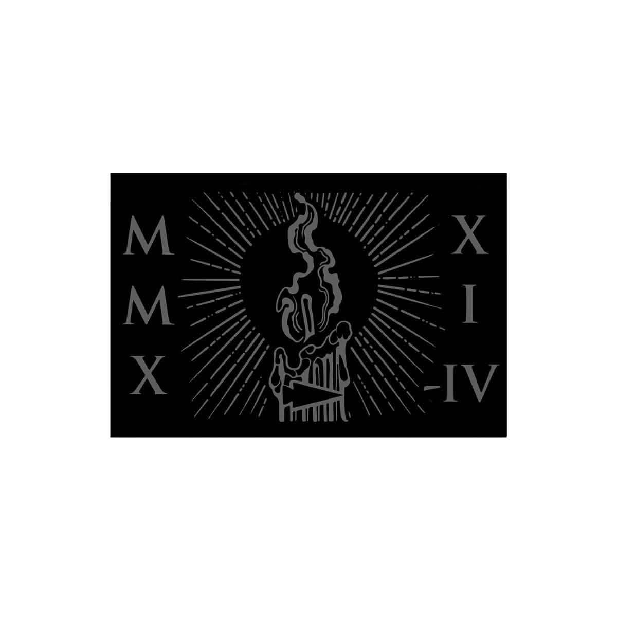 A stylized illustration of a candle with melting wax, surrounded by radiating lines, evokes the design of the GORUCK Patch - TRIBE - 2021. Roman numerals MMX on the left and XIV on the right stand out against a black background in this monochromatic creation.