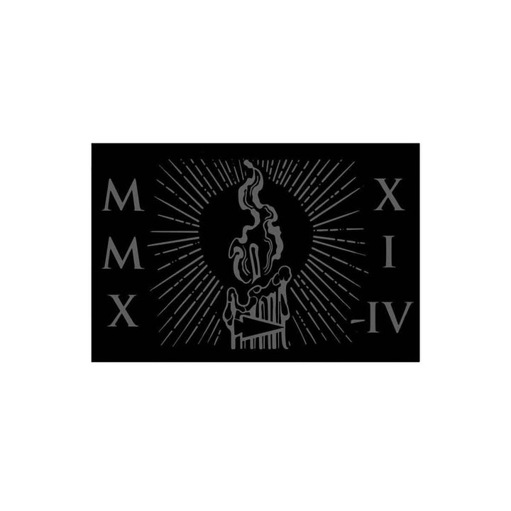 A stylized illustration of a candle with melting wax, surrounded by radiating lines, evokes the design of the GORUCK Patch - TRIBE - 2021. Roman numerals MMX on the left and XIV on the right stand out against a black background in this monochromatic creation.