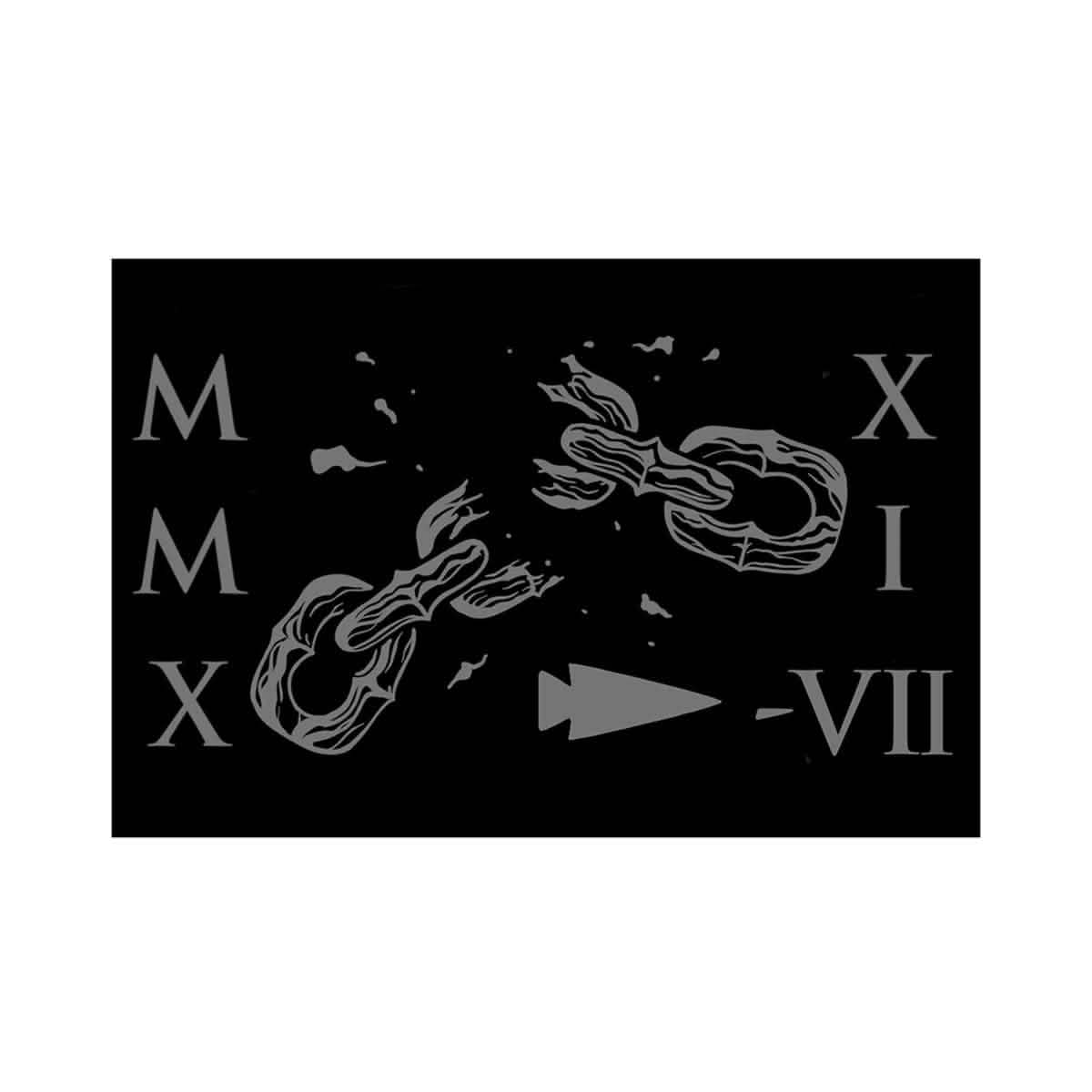 A black background adorned with gray Roman numerals—MMXX, XI, and VII—houses an emblem of two broken chains engulfed in flames at the center, epitomizing the GORUCK Tribe's ethos of freedom. An arrow highlights the fractured links, making this design from GORUCK's "Patch - GORUCK TRIBE - 2021" ideal for those pursuing resilience and strength while earning their patches.