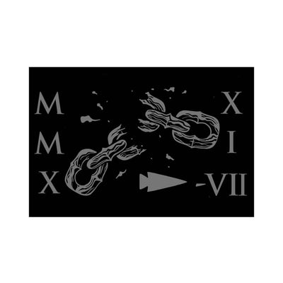 A black background adorned with gray Roman numerals—MMXX, XI, and VII—houses an emblem of two broken chains engulfed in flames at the center, epitomizing the GORUCK Tribe's ethos of freedom. An arrow highlights the fractured links, making this design from GORUCK's "Patch - GORUCK TRIBE - 2021" ideal for those pursuing resilience and strength while earning their patches.