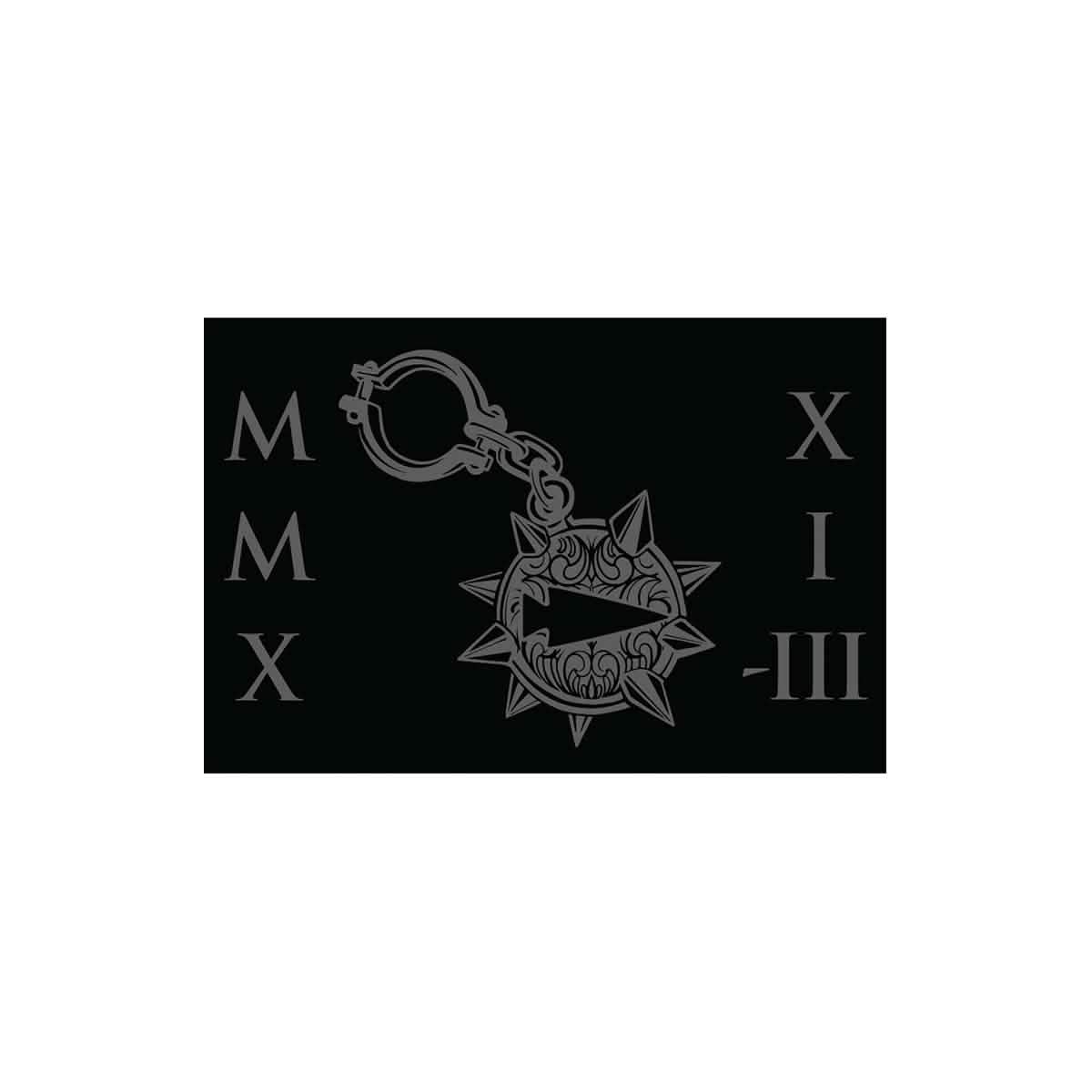 The Patch - GORUCK TRIBE - 2021 by GORUCK showcases a black rectangular design with a medieval-style spiked mace adorned with intricate patterns. It is flanked by the Roman numerals MMX on the left and XIII on the right, symbolizing resilience and strength while encouraging you to SEEK PAIN for personal growth.