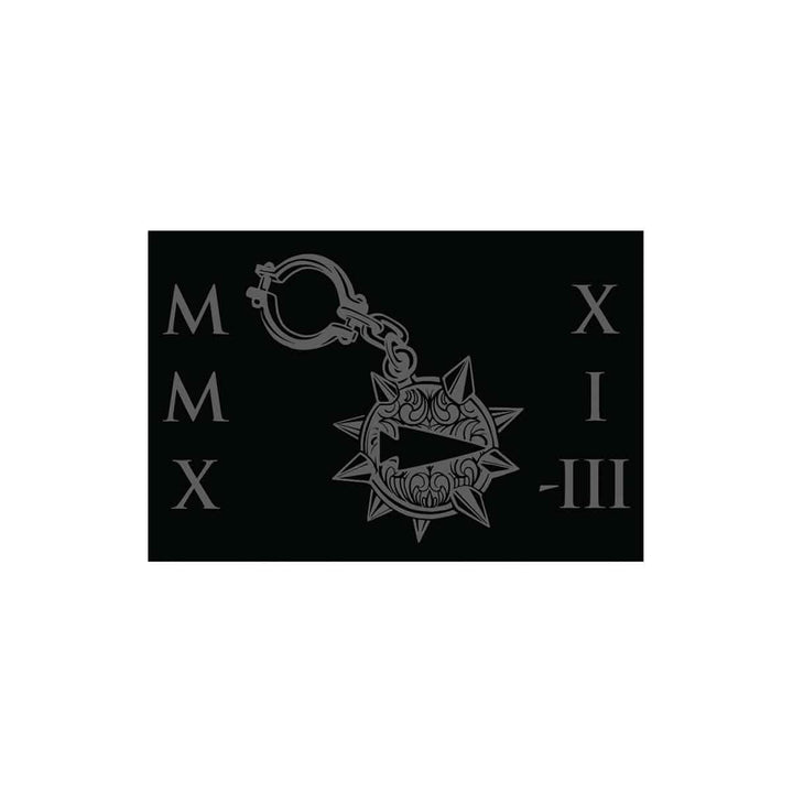The Patch - GORUCK TRIBE - 2021 by GORUCK showcases a black rectangular design with a medieval-style spiked mace adorned with intricate patterns. It is flanked by the Roman numerals MMX on the left and XIII on the right, symbolizing resilience and strength while encouraging you to SEEK PAIN for personal growth.