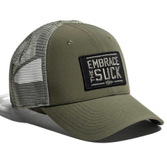 GORUCK olive green trucker hat with mesh back and 'Embrace The Suck' patch on front