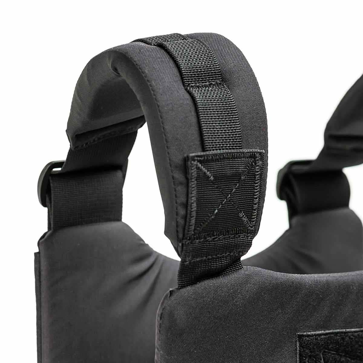 Close-up of black padded shoulder straps on the Training Weight Vest - Black, showcasing detailed stitching and a durable texture.
