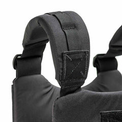 Close-up of black padded shoulder straps on the Training Weight Vest - Black, showcasing detailed stitching and a durable texture.
